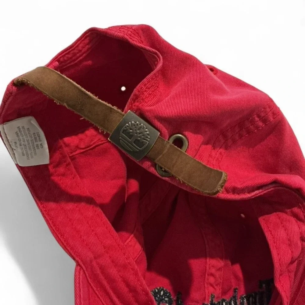 Timberland Baseball‎ Cap Mens OSFM Red Excellent Leather Strapback Logo Hat
